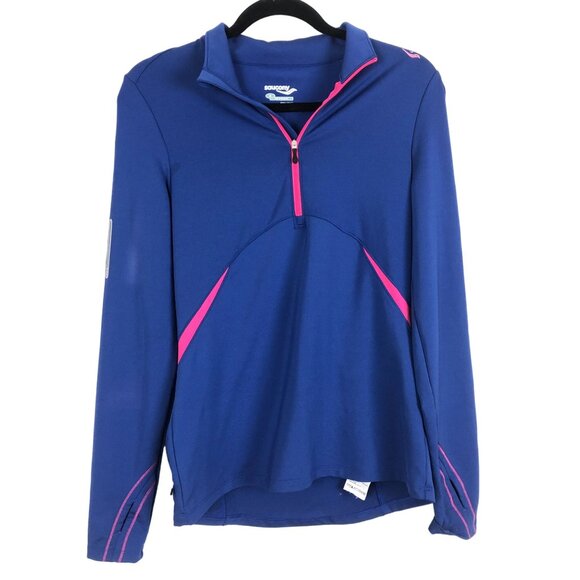 Saucony Quarter Zip Pullover Activewear Top Medium Blue Pink Accents Thumbholes - Picture 1 of 8